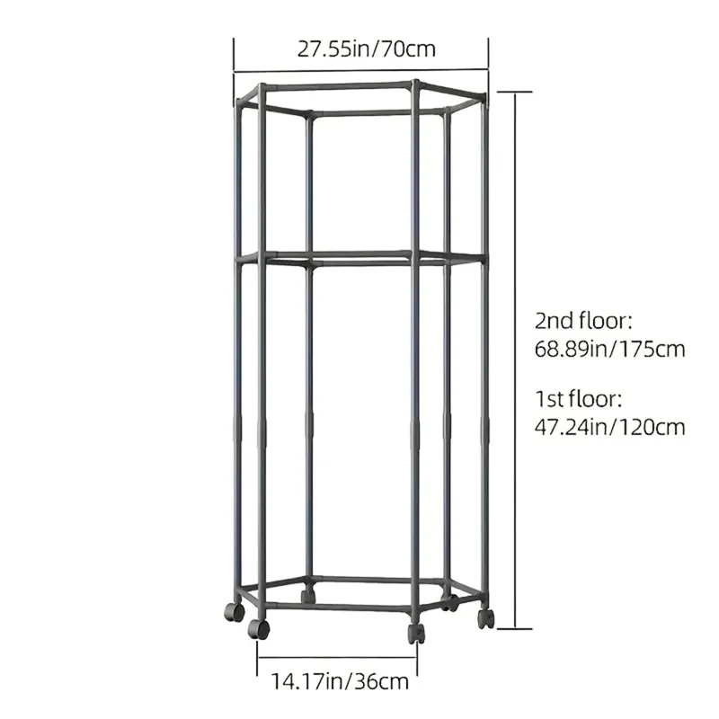 Double Layer Hexagonal Rotating Floor Coat Rack Portable Clothes Hanger Drying Stand with Wheels for Dorm Organization - Black