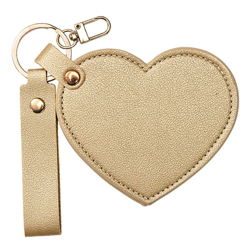 Heart Shape Pocket Mirror with Keychain PU Leather Cosmetic Mirror Rotating Mini Makeup Mirror Hanging Ornament - Champagne Gold