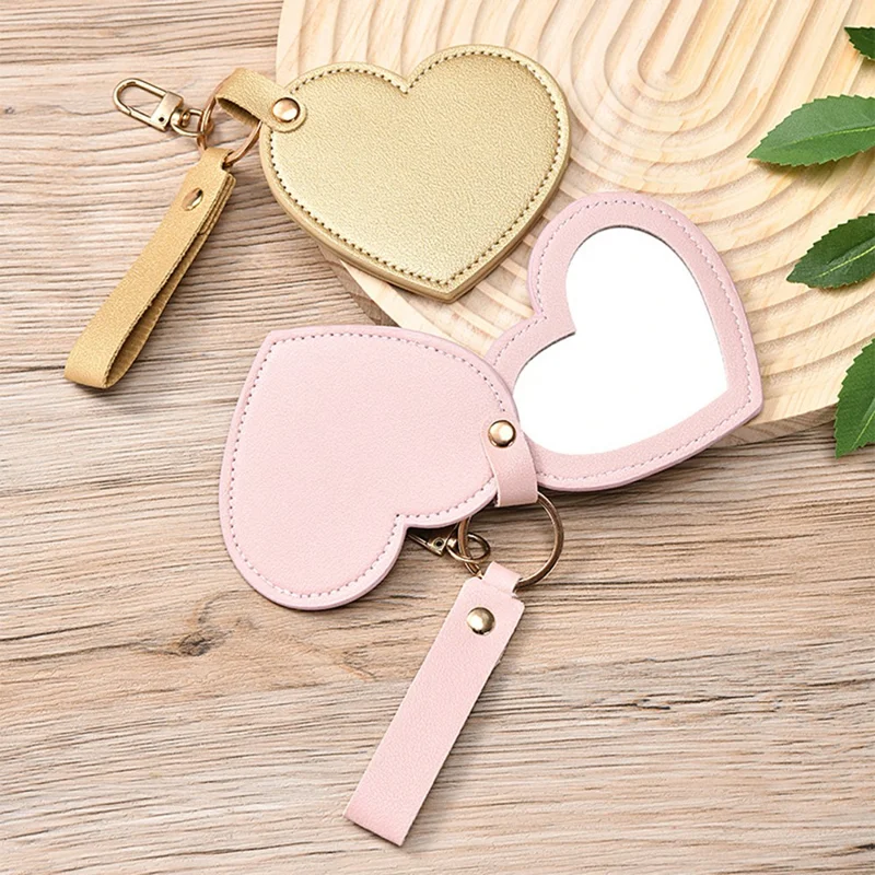Heart Shape Pocket Mirror with Keychain PU Leather Cosmetic Mirror Rotating Mini Makeup Mirror Hanging Ornament - Champagne Gold