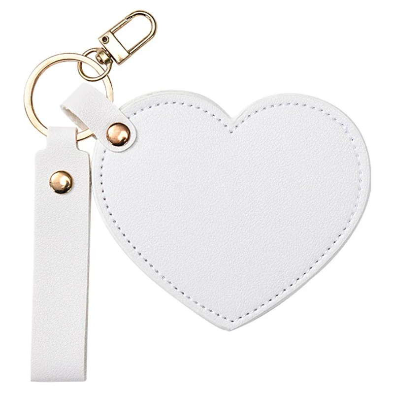Heart Shape Pocket Mirror with Keychain PU Leather Cosmetic Mirror Rotating Mini Makeup Mirror Hanging Ornament - White