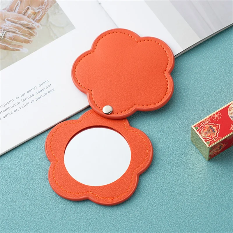 Floral Shape Pocket Mirror Portable PU Leather Cosmetic Mirror Rotating Mini Makeup Mirror - Orange