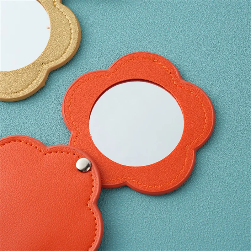 Floral Shape Pocket Mirror Portable PU Leather Cosmetic Mirror Rotating Mini Makeup Mirror - Orange