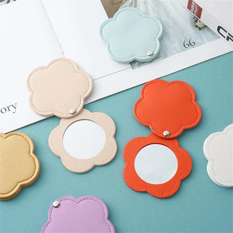 Floral Shape Pocket Mirror Portable PU Leather Cosmetic Mirror Rotating Mini Makeup Mirror - Orange