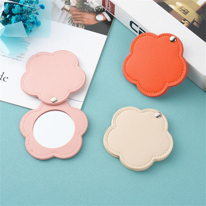 Floral Shape Pocket Mirror Portable PU Leather Cosmetic Mirror Rotating Mini Makeup Mirror - Orange