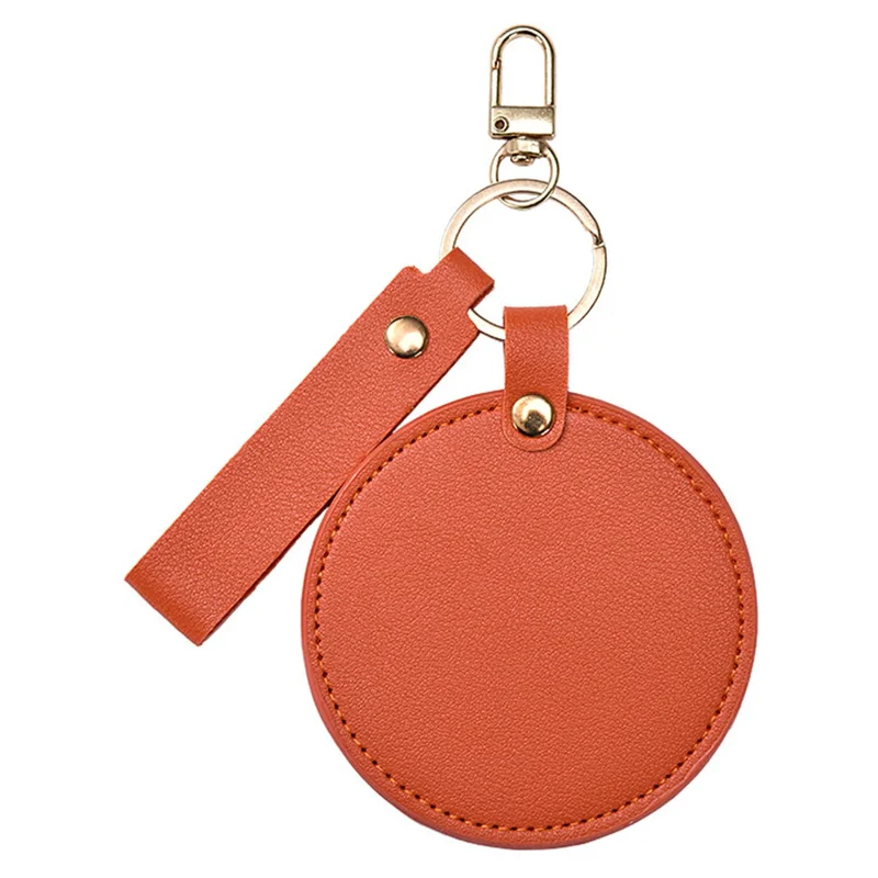 Round Shape Pocket Mirror with Keychain PU Leather Cosmetic Mirror Rotating Mini Makeup Mirror Hanging Ornament - Orange