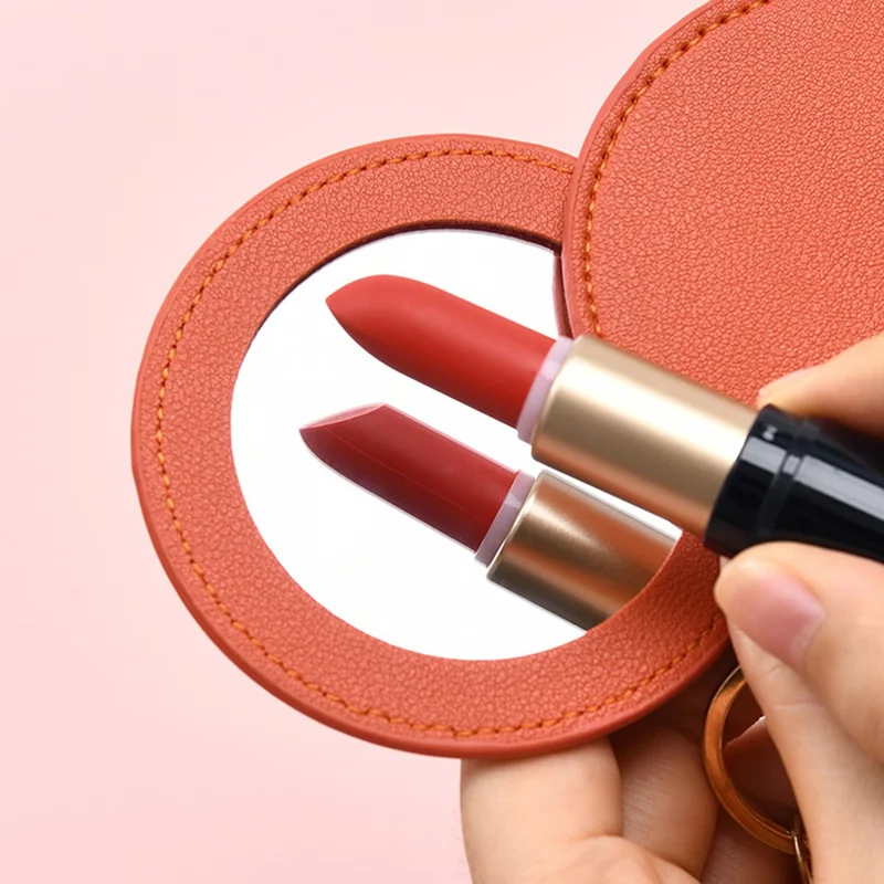 Round Shape Pocket Mirror with Keychain PU Leather Cosmetic Mirror Rotating Mini Makeup Mirror Hanging Ornament - Orange