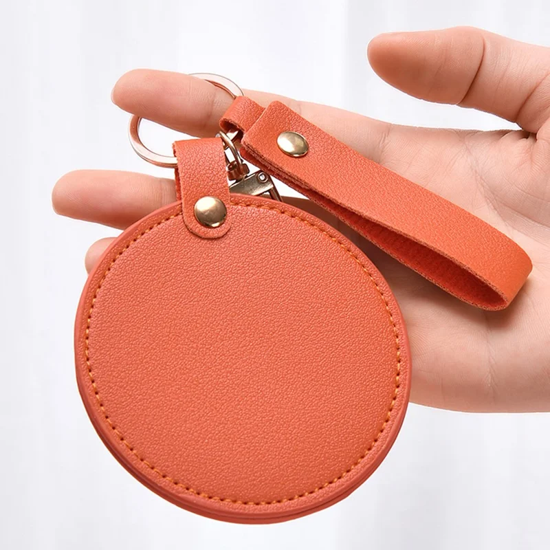 Round Shape Pocket Mirror with Keychain PU Leather Cosmetic Mirror Rotating Mini Makeup Mirror Hanging Ornament - Orange