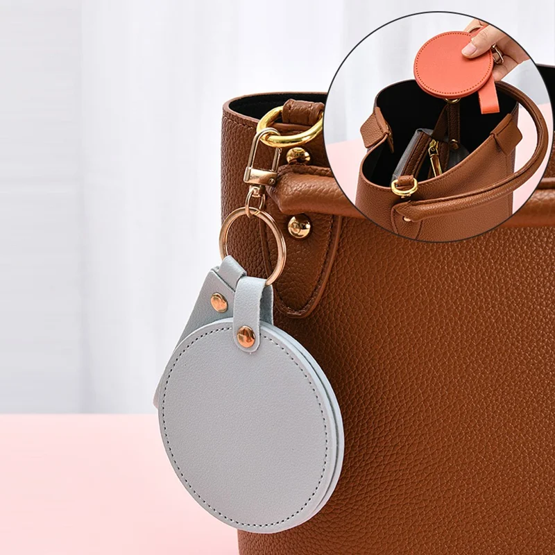 Round Shape Pocket Mirror with Keychain PU Leather Cosmetic Mirror Rotating Mini Makeup Mirror Hanging Ornament - Orange