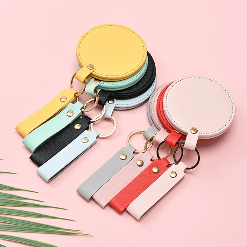 Round Shape Pocket Mirror with Keychain PU Leather Cosmetic Mirror Rotating Mini Makeup Mirror Hanging Ornament - Orange