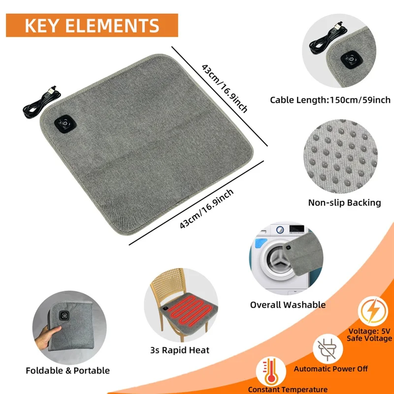 DT-43x43-2S 43 x 43cm USB Heated Seat Cushion for Office Camping Car Waterproof Oxford Fabric Heating Pad