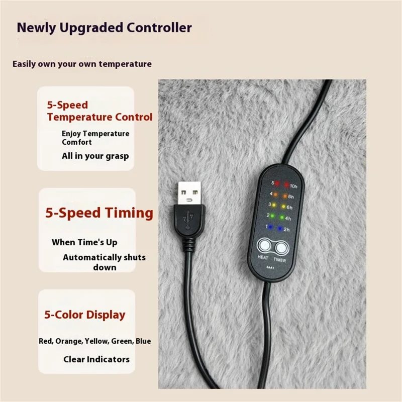 DT-45x45-1S 45 x 45 cm, poduszka grzewcza USB z regulacją temperatury, miękka tkanina z imitacji futra królika, szybko grzejąca poduszka - Szary