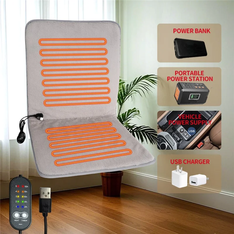 DT-90x45-1S 45 x 90cm USB Heated Integrated Backrest and Seat Cushion Faux Rabbit Fur 5 Temperature Levels Fast Heating Pad - Grey