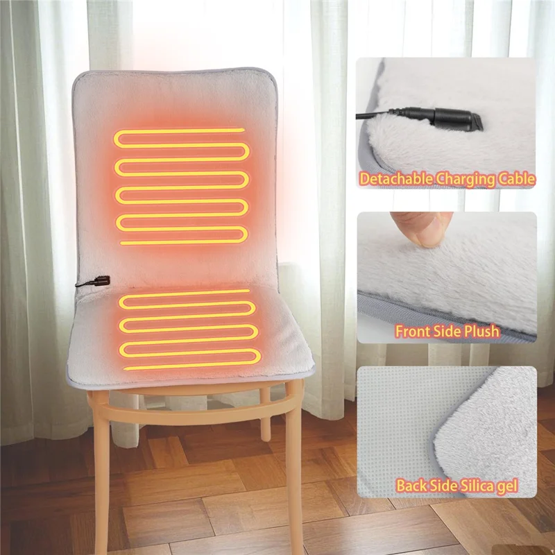 DT-90x45-1S 45 x 90cm USB Heated Integrated Backrest and Seat Cushion Faux Rabbit Fur 5 Temperature Levels Fast Heating Pad - Grey