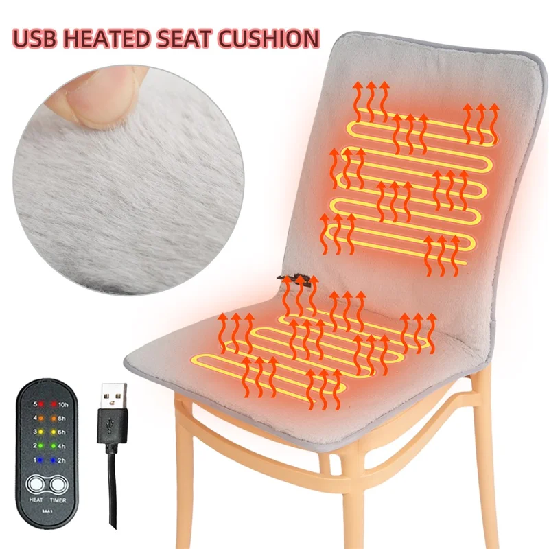 DT-90x45-1S 45 x 110cm USB Heated Integrated Backrest and Seat Cushion Faux Rabbit Fur 5 Temperature Levels Fast Heating Pad - Grey