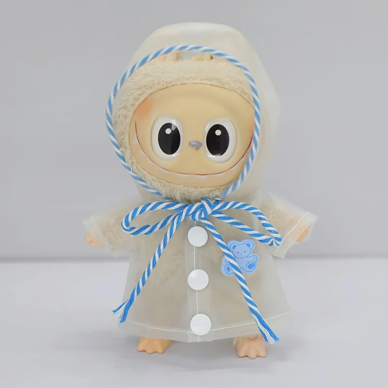 Cartoon Bear Print TPU Hooded Raincoat for Labubu Gen 1 / 2 17cm Mini Figurine Waterproof Doll Outfit Gift - Blue