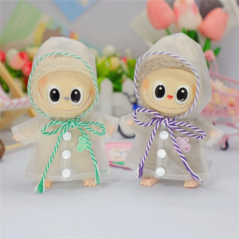 Cartoon Bear Print TPU Hooded Raincoat for Labubu Gen 1 / 2 17cm Mini Figurine Waterproof Doll Outfit Gift - Blue