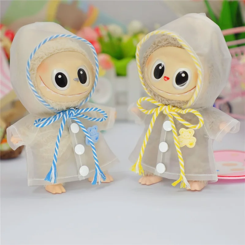 Cartoon Bear Print TPU Hooded Raincoat for Labubu Gen 1 / 2 17cm Mini Figurine Waterproof Doll Outfit Gift - Blue