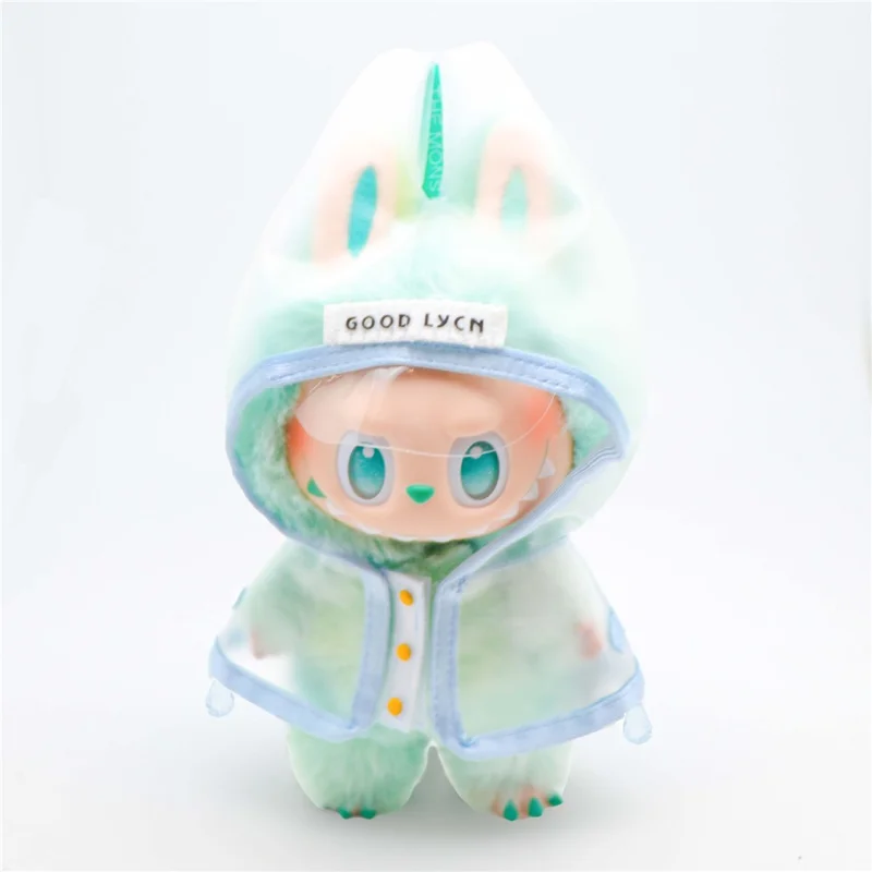 Raincoat for Labubu 17cm Mini Figurine Rain Poncho Waterproof Hooded Cape Doll Outfit Gift - Blue