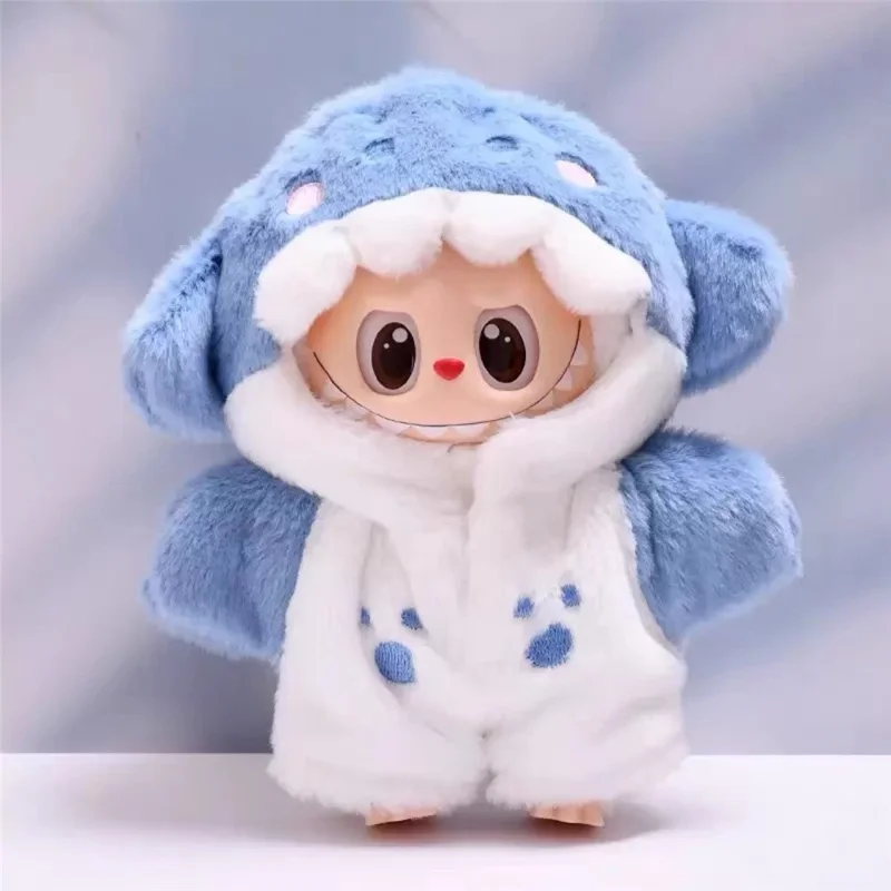 For Labubu 17cm Doll Cute Shark Hooded Jumpsuit Plush Pajamas Mini Figurine Changeable Costume Gift