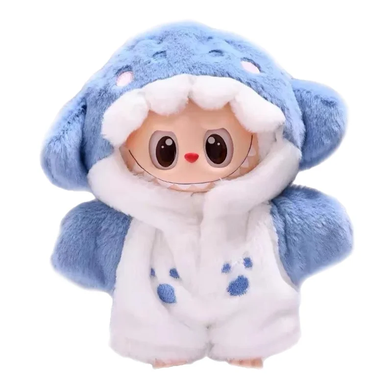 For Labubu 17cm Doll Cute Shark Hooded Jumpsuit Plush Pajamas Mini Figurine Changeable Costume Gift