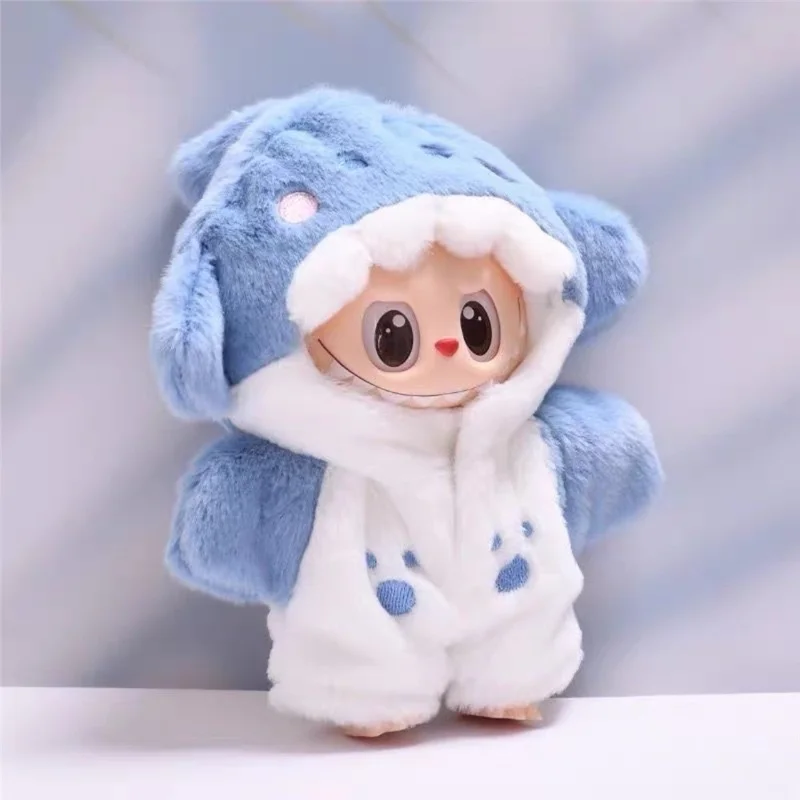 For Labubu 17cm Doll Cute Shark Hooded Jumpsuit Plush Pajamas Mini Figurine Changeable Costume Gift