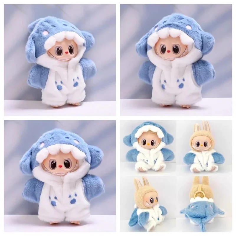 For Labubu 17cm Doll Cute Shark Hooded Jumpsuit Plush Pajamas Mini Figurine Changeable Costume Gift
