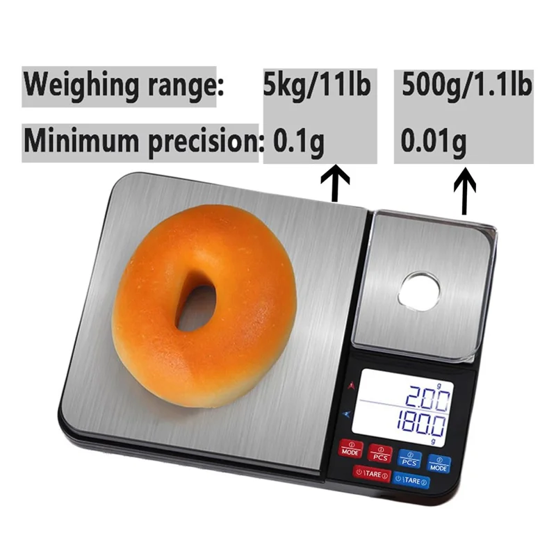 Dual Platform Digital Kitchen Scale 5kg  /  0.01g High Precision for Food Jewelry Baking Weighing