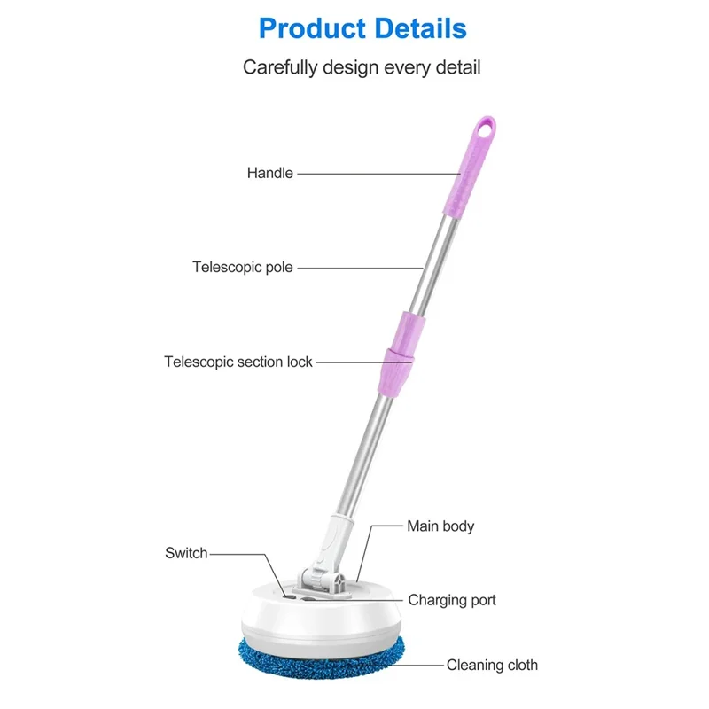 138cm Extendable Long Handle Electric Window Cleaner Wet and Dry Use Wireless Rotating Mop - Blue