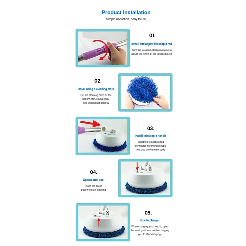 138cm Extendable Long Handle Electric Window Cleaner Wet and Dry Use Wireless Rotating Mop - Blue