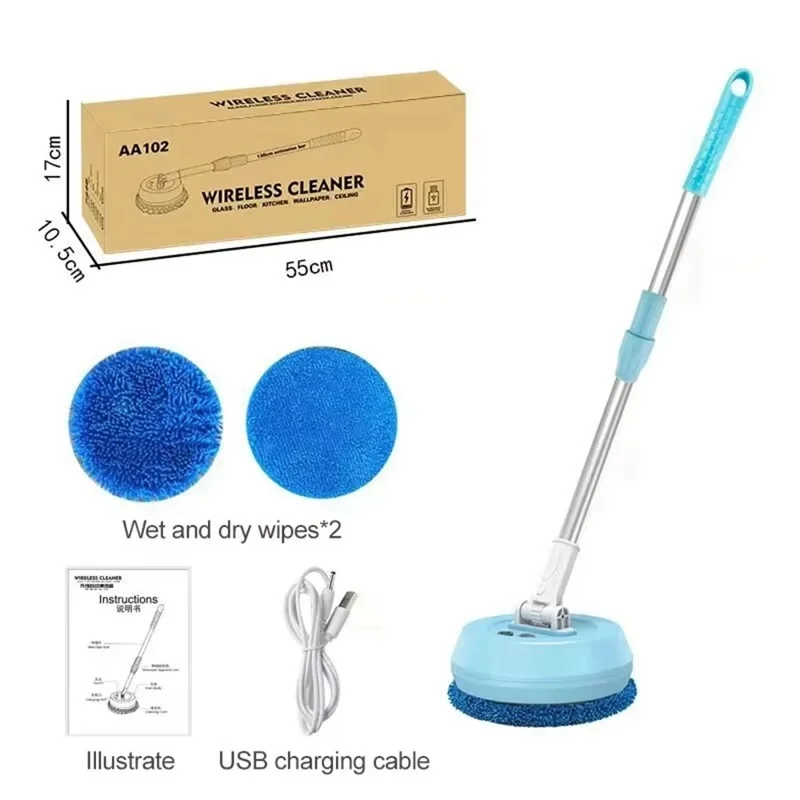 138cm Extendable Long Handle Electric Window Cleaner Wet and Dry Use Wireless Rotating Mop - Blue