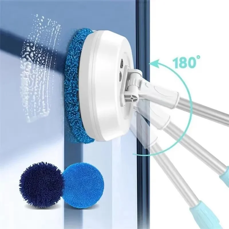 138cm Extendable Long Handle Electric Window Cleaner Wet and Dry Use Wireless Rotating Mop - Blue