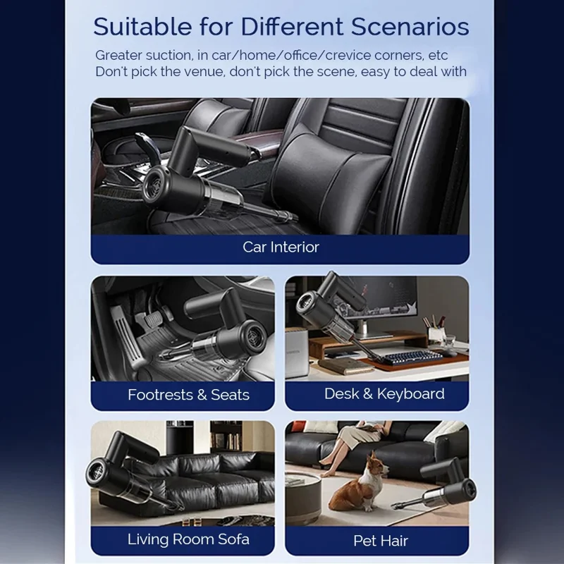 5 in 1 Handheld Vacuum Cleaner for Car and Home 5000Pa Powerful Suction Portable Cordless Dust Blower - Black