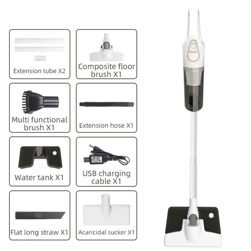 Cordless Handheld Vacuum Cleaner Multifunction Cleaning Mopping Dust Mite Removal Tool with Water Tank - White
