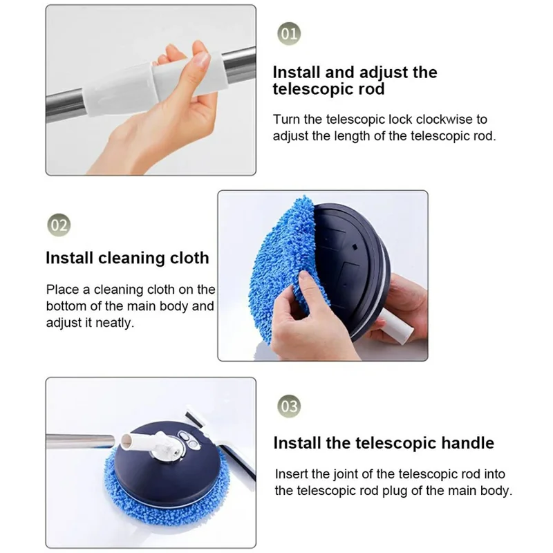 174cm Extendable Pole Cordless Electric Window Cleaner with Squeegee Wet Dry Use for Windows Doors Floors - Blue