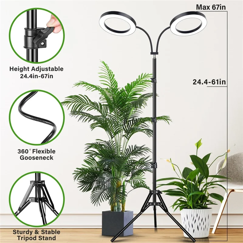 6 Inch Ring Grow Light 2 Head Adjustable Tripod Stand LED Lamp for Indoor Plants Succulents - EU Plug