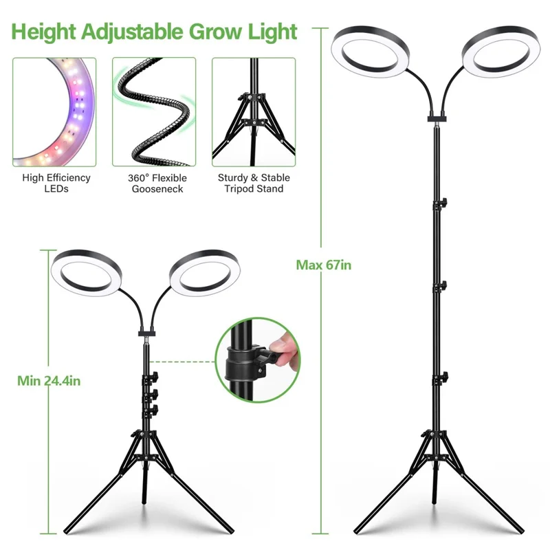 6 Inch Ring Grow Light 2 Head Adjustable Tripod Stand LED Lamp for Indoor Plants Succulents - EU Plug