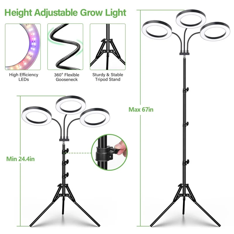 6 Inch Ring Grow Light 3 Head Adjustable Tripod Stand LED Lamp for Indoor Plants Succulents - EU Plug