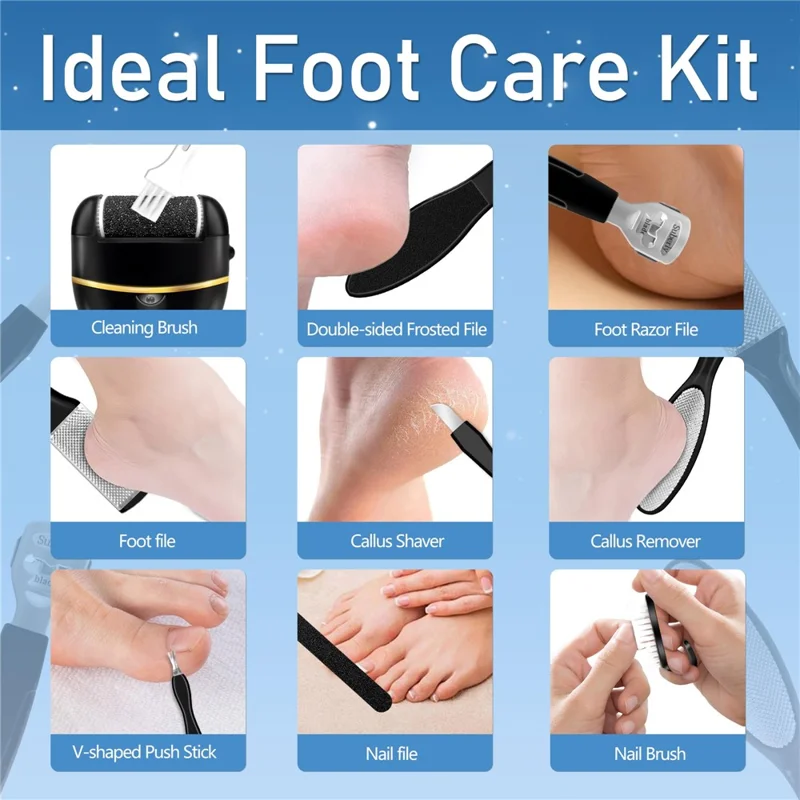 13Pcs Automatic Callus Remover Waterproof Electric Foot File Set for Home - Black