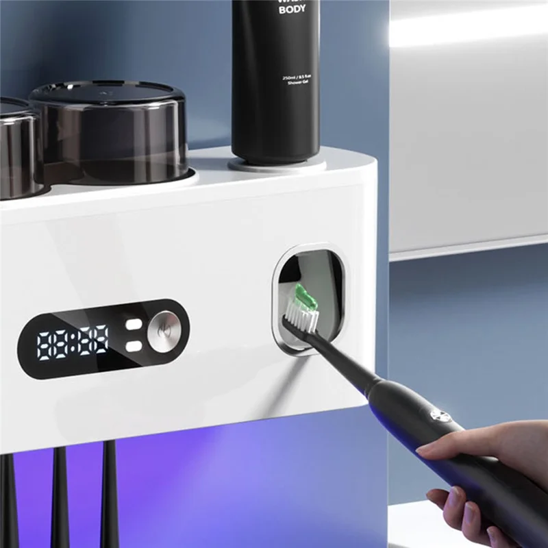 Blue Light Sterilization Toothbrush Holder Toothpaste Squeezer Multifunction Wall Mounted Storage Rack - Black