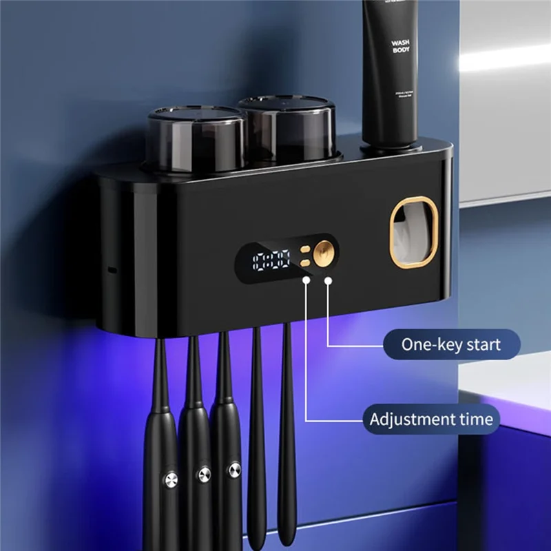 Blue Light Sterilization Toothbrush Holder Toothpaste Squeezer Multifunction Wall Mounted Storage Rack - Black