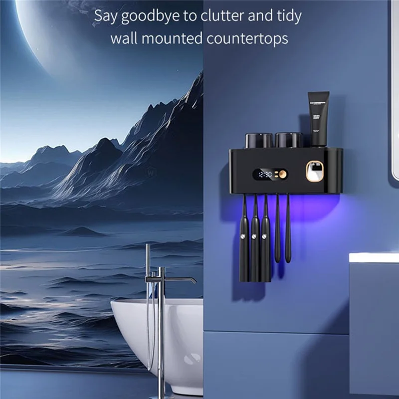Blue Light Sterilization Toothbrush Holder Toothpaste Squeezer Multifunction Wall Mounted Storage Rack - Black