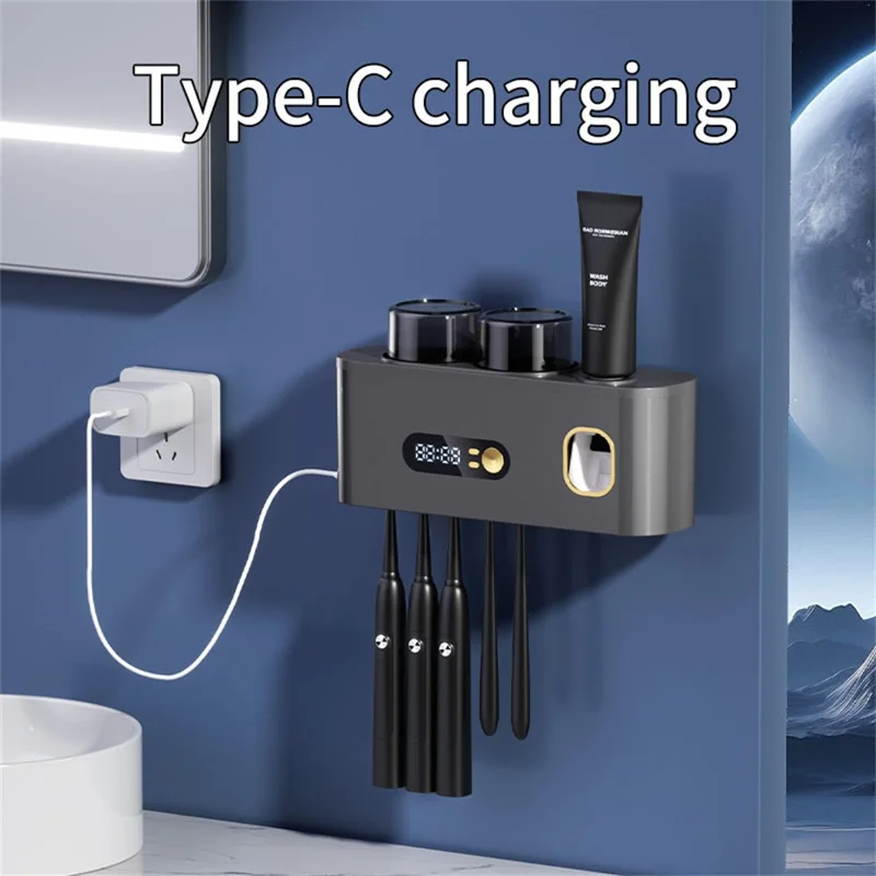 Blue Light Sterilization Toothbrush Holder Toothpaste Squeezer Multifunction Wall Mounted Storage Rack - Black