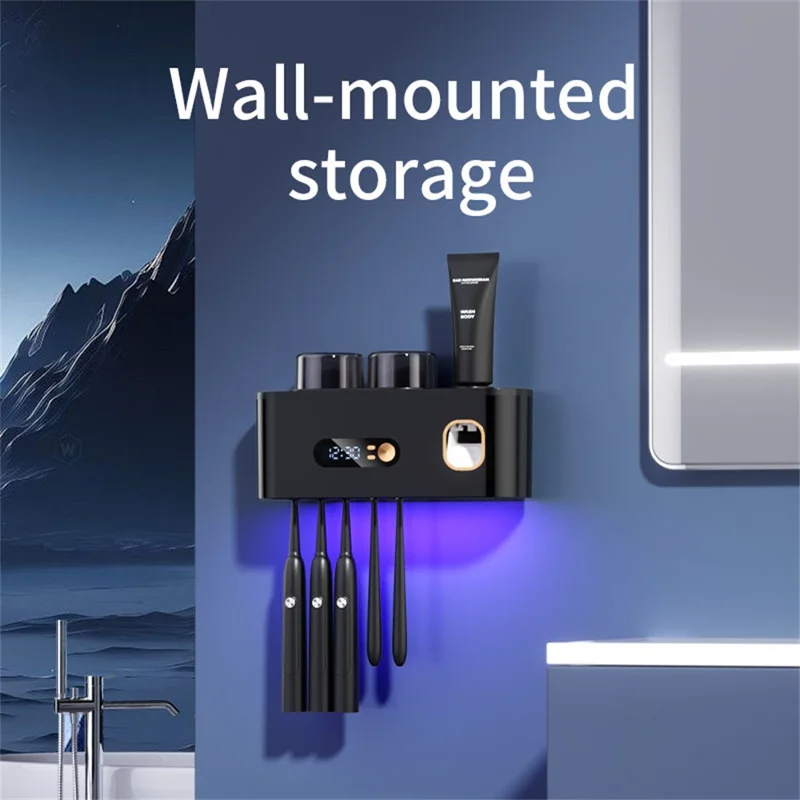 Blue Light Sterilization Toothbrush Holder Toothpaste Squeezer Multifunction Wall Mounted Storage Rack - Black