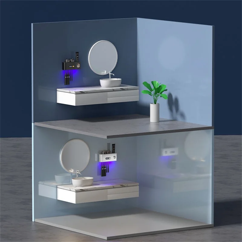 Blue Light Sterilization Toothbrush Holder Toothpaste Squeezer Multifunction Wall Mounted Storage Rack - Black