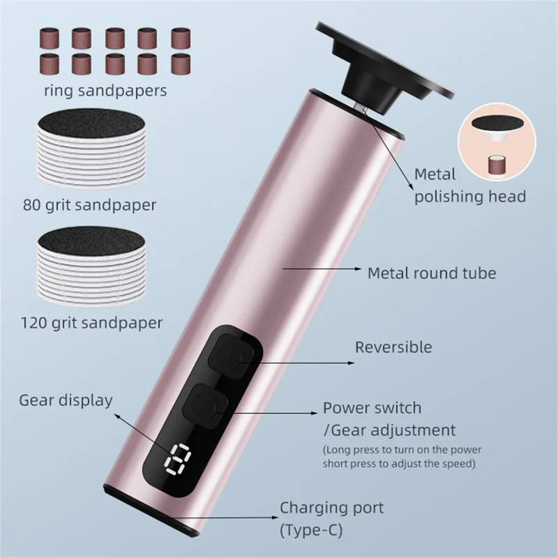 FR10 Portable Electric Foot File 9 Speed Settings LCD Display Callus Remover Aluminum Alloy Pedicure Tool Gift - Rose Gold