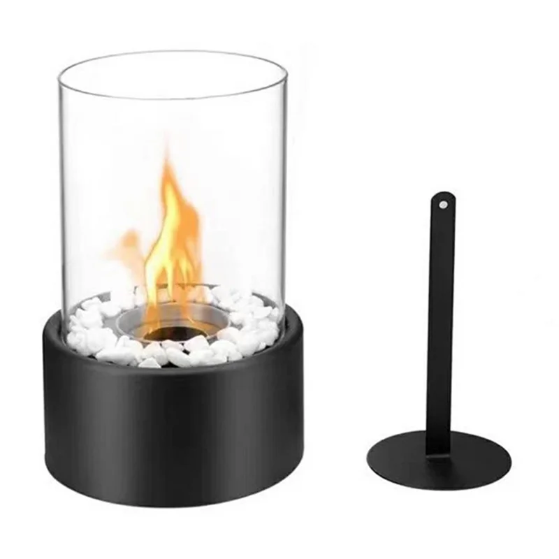 Portable Tabletop Ethanol Fireplace Light 12x22cm Indoor Stainless Steel Heater Round Glass Ambient Light - Black
