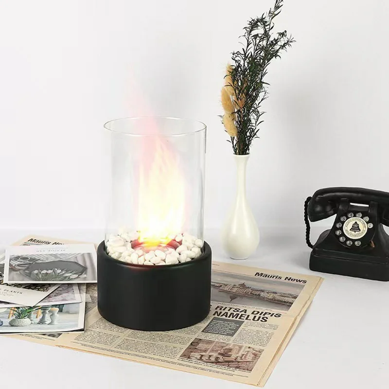 Portable Tabletop Ethanol Fireplace Light 12x22cm Indoor Stainless Steel Heater Round Glass Ambient Light - Black