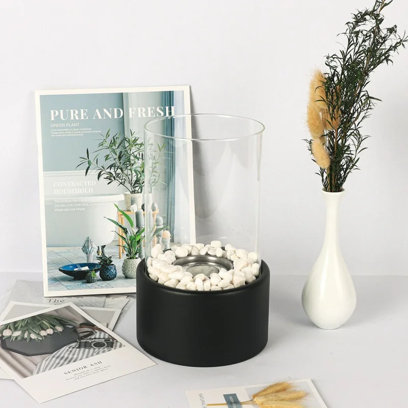 Portable Tabletop Ethanol Fireplace Light 12x22cm Indoor Stainless Steel Heater Round Glass Ambient Light - Black