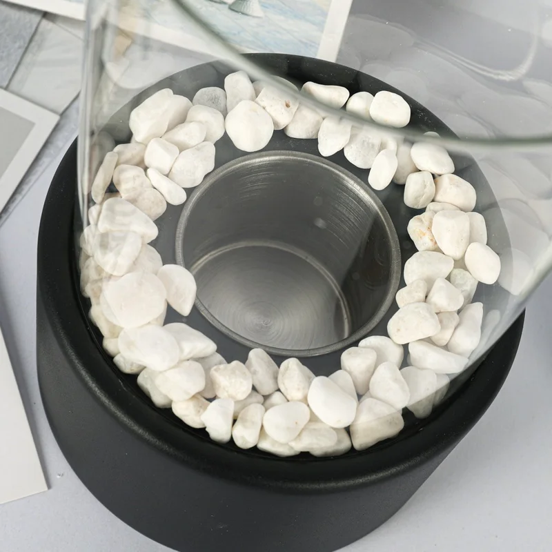 Portable Tabletop Ethanol Fireplace Light 12x22cm Indoor Stainless Steel Heater Round Glass Ambient Light - Black