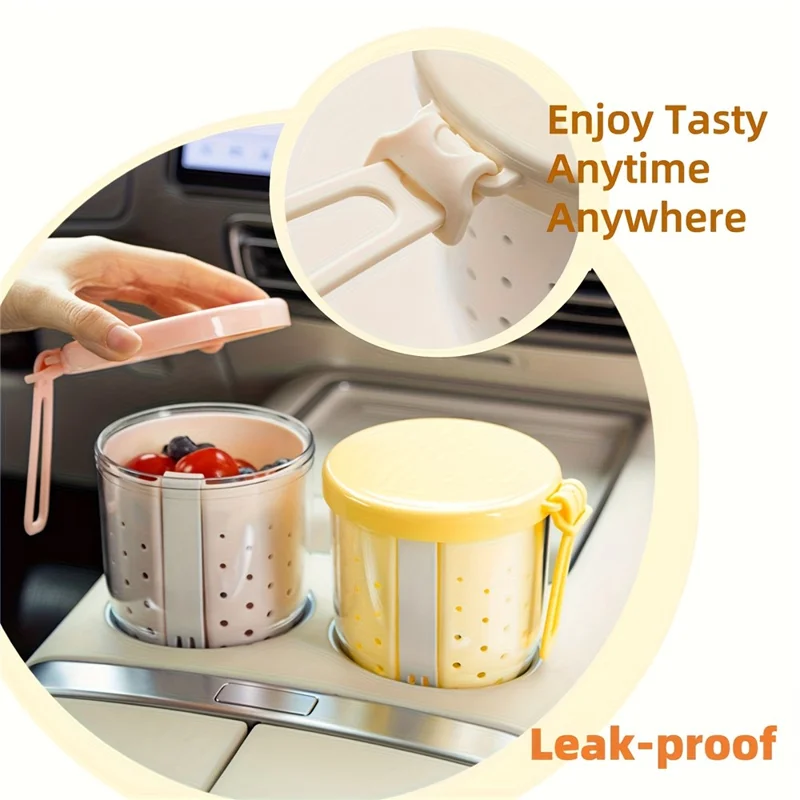 720ml Fruit Cup with Strainer Fork Breakfast Oatmeal Salad Container Portable Outdoor Picnic Milk Cup (BPA-Free, No FDA) - Yellow